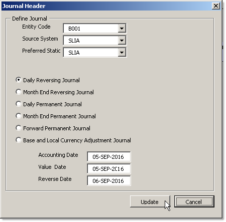 Journal header dialog